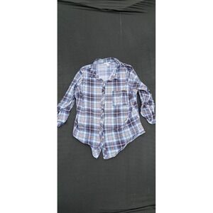 Just Be Womens Plaid Button Down Shirt Blue Orange Tie Front Roll Tab Sleeve 2X
